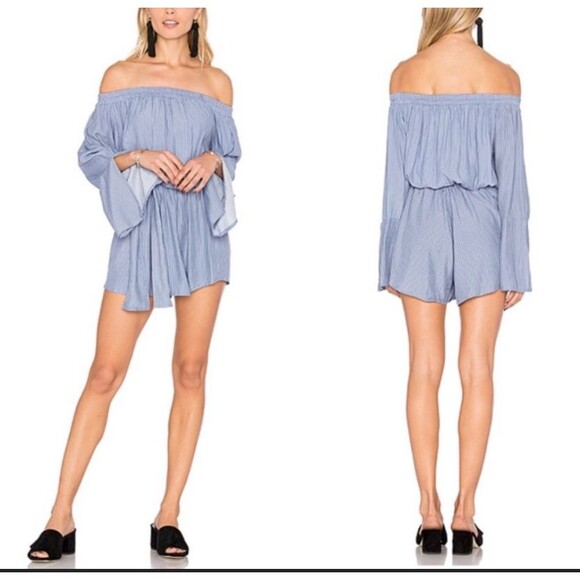 Faithfull Pinstripe Blue White Off the Shoulder Romper Women's Size 4 Belted Tie - Picture 1 of 9